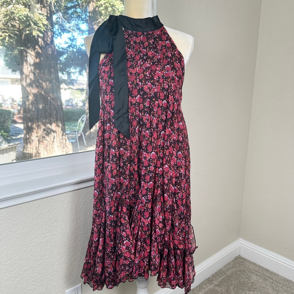 NWT Anthropologie Tie Neck Halter Mini Dress Women XS Pink Floral Pleated Ruffle